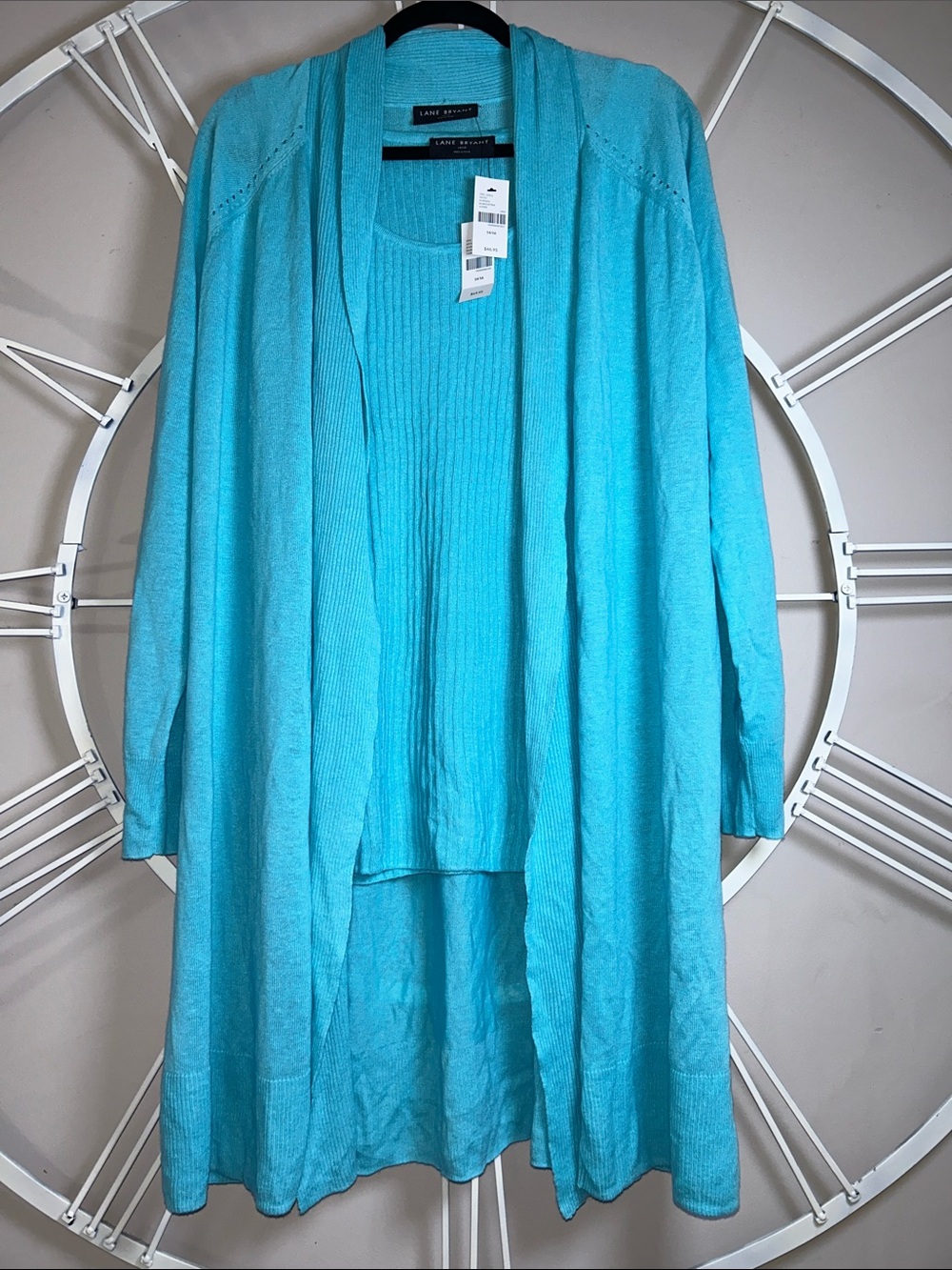 NWT Lane Bryant Linen-Blend Open-Front Cardigan w/ Sweater Rib Tank in Aqua/Teal